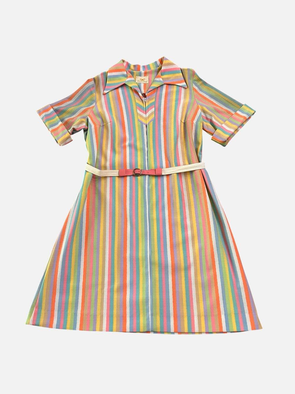 Vintage 70s Rainbow Stripe Plus Size Dress XL XXL 2X Belted Half Zip Groovy -